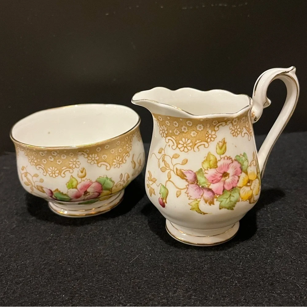Royal Albert Bone China Open Sugar Bowl and Cream pitcher Lovelace pattern